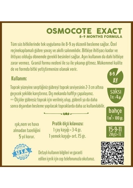 Akıllı Gübre Osmocote Exact 8-9 Aylık 15-9-12-2mgo+Te 350 Gram modelleri