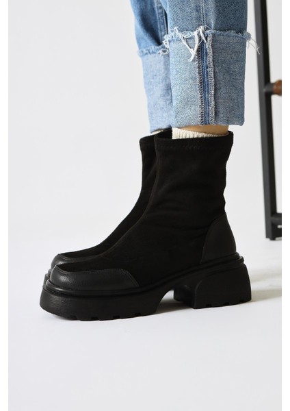 Juna Siyah Süet Cilt Deri Detaylı Çorap Bot