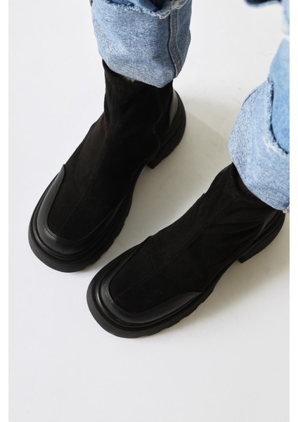 Juna Siyah Süet Cilt Deri Detaylı Çorap Bot modelleri