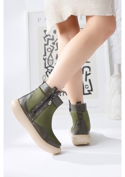 Maeda Haki Dalgıç Kumaş Zımba ve Fermuar Detaylı Bot