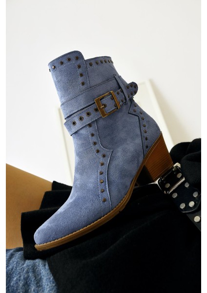 Torin Mavi Süet Zımba Detaylı Kemerli Sivri Burunlu Western Bot