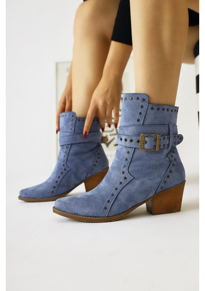 Torin Mavi Süet Zımba Detaylı Kemerli Sivri Burunlu Western Bot fiyatları