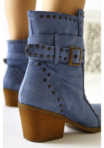 Torin Mavi Süet Zımba Detaylı Kemerli Sivri Burunlu Western Bot modelleri