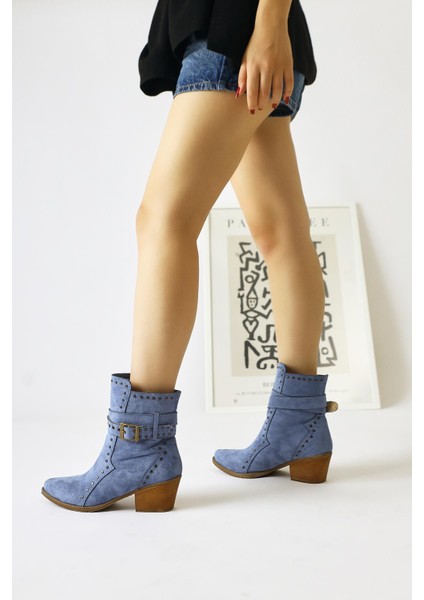 Torin Mavi Süet Zımba Detaylı Kemerli Sivri Burunlu Western Bot indirimleri