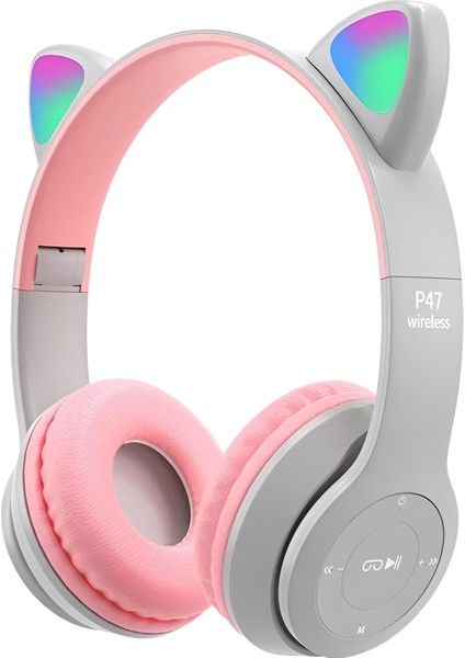 Bluetooth Kulaklık P47M Kedili Kulaklık Cat Rgb LED Işıklı Çocuk Kulaklık Bt 5.0 Kulaküstü