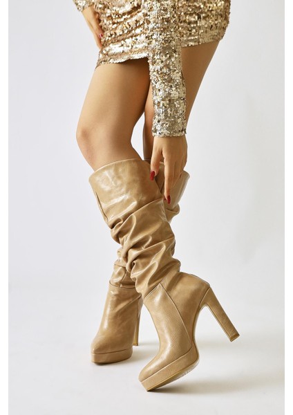 Raven Vizon Kroko Desen Derili Sivri Burunlu Yüksek Topuklu Platformlu Çizme fiyatları