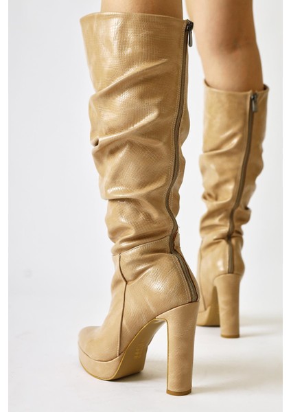 Raven Vizon Kroko Desen Derili Sivri Burunlu Yüksek Topuklu Platformlu Çizme indirimleri