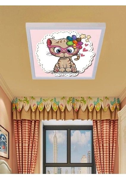 Kedicik Çocuk Odası Tavan Aydınlatma LED AVIZE,60CM Kare, 60WATT Modern Çerçeve