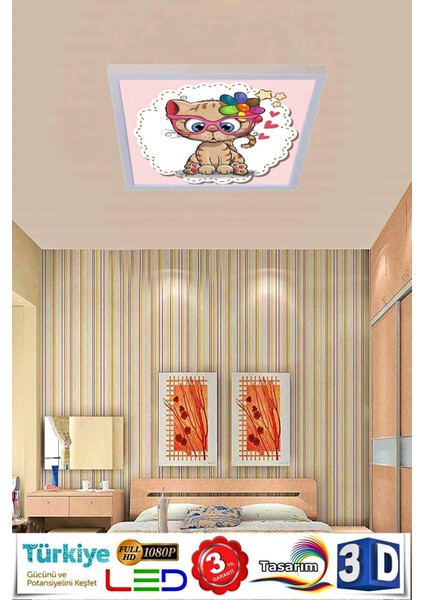 Kedicik Çocuk Odası Tavan Aydınlatma LED AVIZE,60CM Kare, 60WATT Modern Çerçeve modelleri