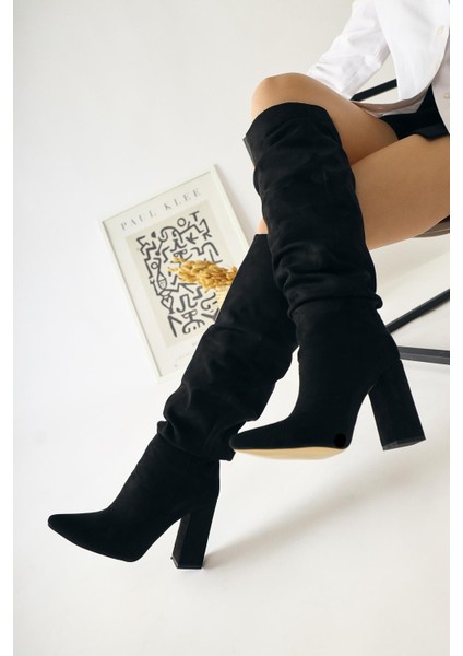 Loren Siyah Süet Siveri Burunlu Yüksek Topuklu Dizaltı Çizme fırsatları