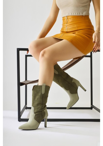 Abigael Haki Süet Deri Detaylı Nakışlı Ince Topuklu Bot