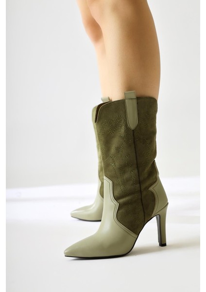 Abigael Haki Süet Deri Detaylı Nakışlı Ince Topuklu Bot fiyatları