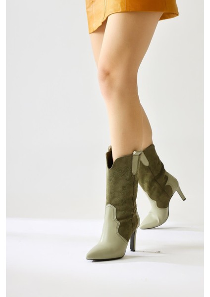 Abigael Haki Süet Deri Detaylı Nakışlı Ince Topuklu Bot fırsatları