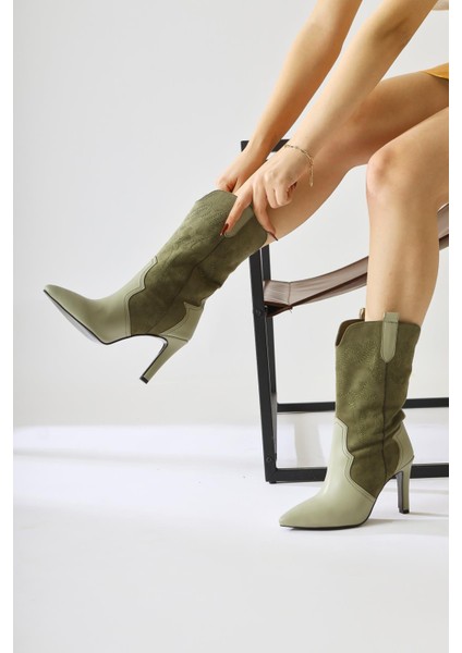 Abigael Haki Süet Deri Detaylı Nakışlı Ince Topuklu Bot indirimleri