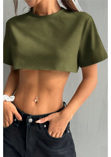 Kadın Haki Bisiklet Yaka Oversize Crop T-Shirt