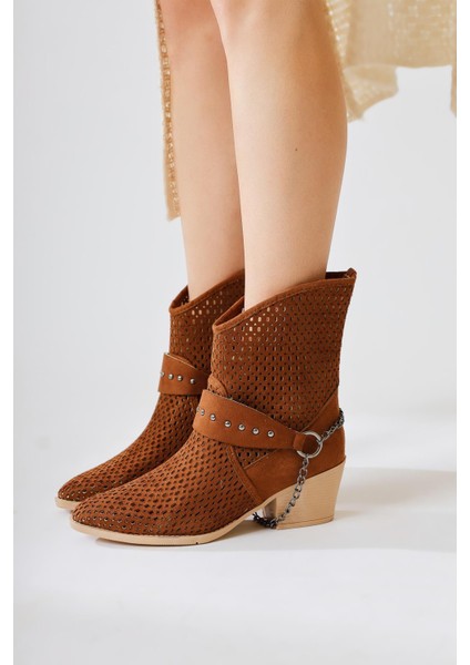 Olinda Taba Süet Lazer Kesim Sivri Burunlu Zincir Detaylı Yazlık Western Bot