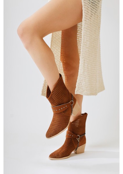 Olinda Taba Süet Lazer Kesim Sivri Burunlu Zincir Detaylı Yazlık Western Bot modelleri