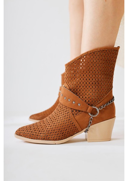 Olinda Taba Süet Lazer Kesim Sivri Burunlu Zincir Detaylı Yazlık Western Bot fırsatları