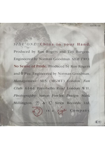 T'pau – China In Your Hand / No Sense Of Pride 1987 Eu Baskı 45 Lik fiyatları