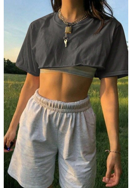 Kadın Antrasit Bisiklet Yaka Oversize Crop T-Shirt