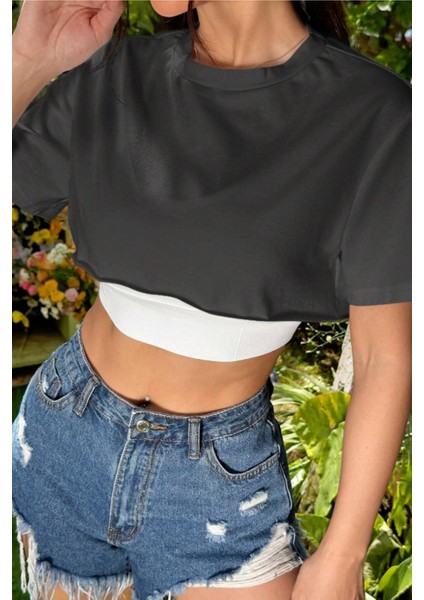 Kadın Antrasit Bisiklet Yaka Oversize Crop T-Shirt indirimleri