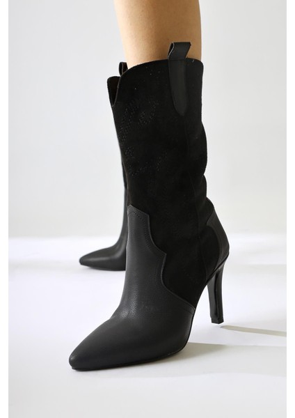 Abigael Siyah Süet Deri Detaylı Nakışlı Ince Topuklu Bot