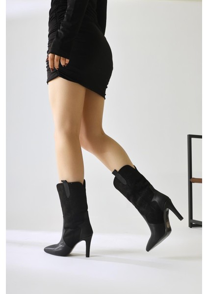 Abigael Siyah Süet Deri Detaylı Nakışlı Ince Topuklu Bot modelleri