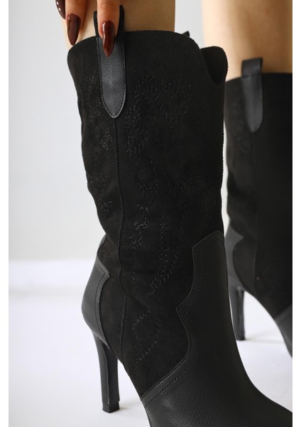 Abigael Siyah Süet Deri Detaylı Nakışlı Ince Topuklu Bot indirimleri