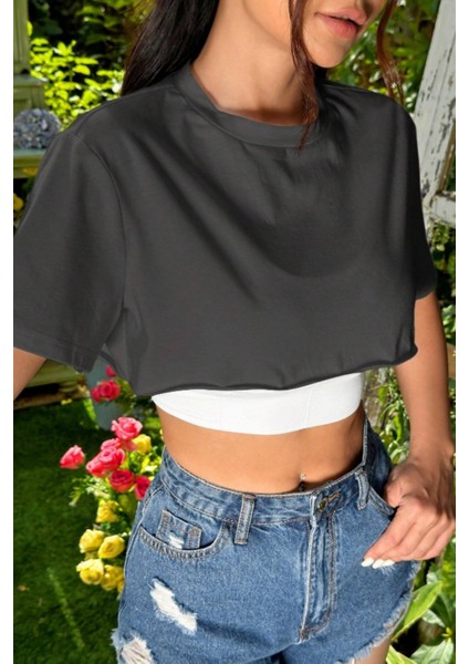 Kadın Antrasit Bisiklet Yaka Oversize Crop T-Shirt fiyatları