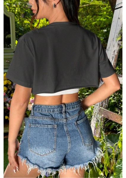Kadın Antrasit Bisiklet Yaka Oversize Crop T-Shirt