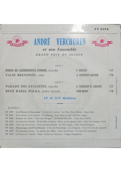 André Verchuren - Et Son Ensemble / Grand Prix Du Disque 1960 Fr Baskı 45 Lik fiyatları
