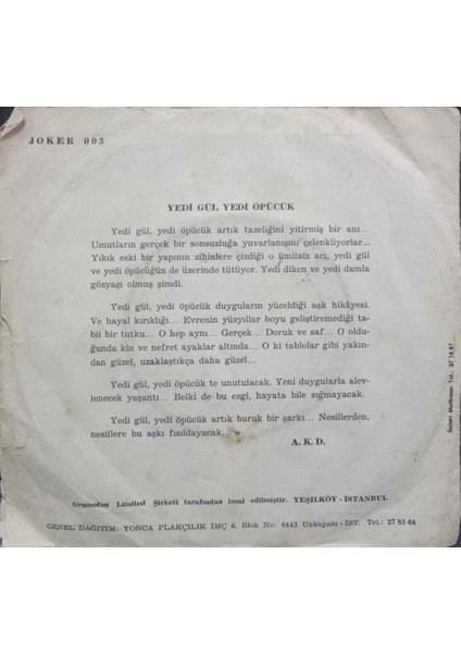 Willy Sommers – Siete Rosas Siete Besos / Gina 1973 Tr Baskı 45 Lik fiyatları