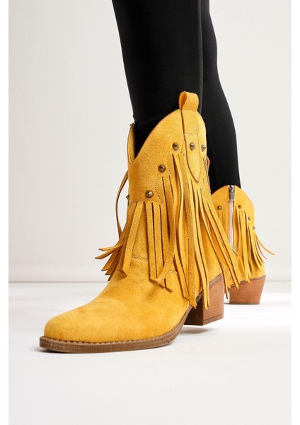 Lillebeth Sarı Süet Püsküllü Zımba Detaylı Western Bot