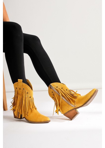 Lillebeth Sarı Süet Püsküllü Zımba Detaylı Western Bot fırsatları