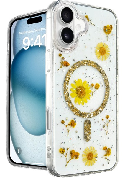 iPhone 16 Kılıf Daisy Simli Magsafe Kapak - Gold - EYESO8465-5665