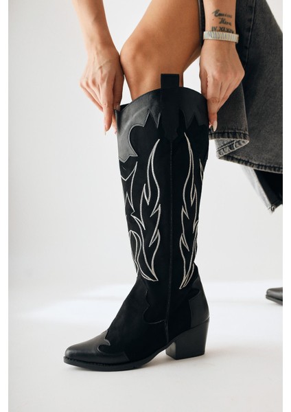 Bahar Siyah Süet Nakışlı Topuklu Çizme Kadınlar İçin Konforlu ve Şık