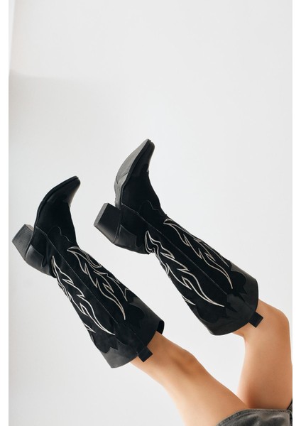 Bahar Siyah Süet Nakışlı Topuklu Çizme Kadınlar İçin Konforlu ve Şık modelleri