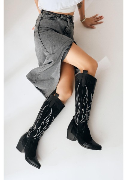 Bahar Siyah Süet Nakışlı Topuklu Çizme Kadınlar İçin Konforlu ve Şık indirimleri