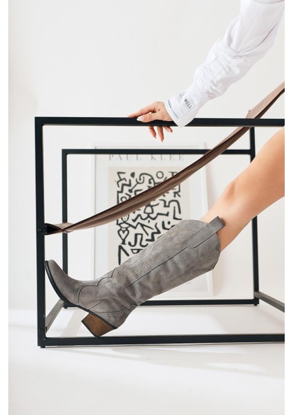 Hero Gri Süet Nakışlı Kovboy Çizme