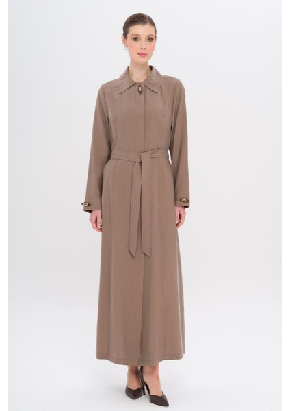 Gömlek Yaka Aksesuar Detaylı Astarsız Modal Büyük Beden Pardesü A.kahve 6745