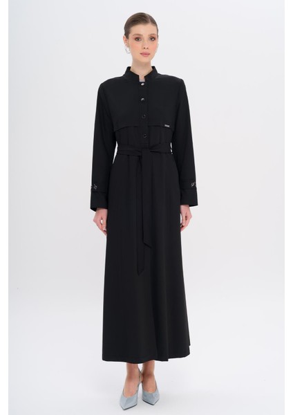Hakim Yaka Zincir Aksesuarlı Astarlı Pardesü Siyah 6742