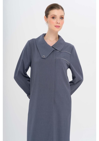 Mendil Yaka Desen ve Taş Detaylı Astarsız Büyük Beden Pardesü Indigo 6714 fiyatları