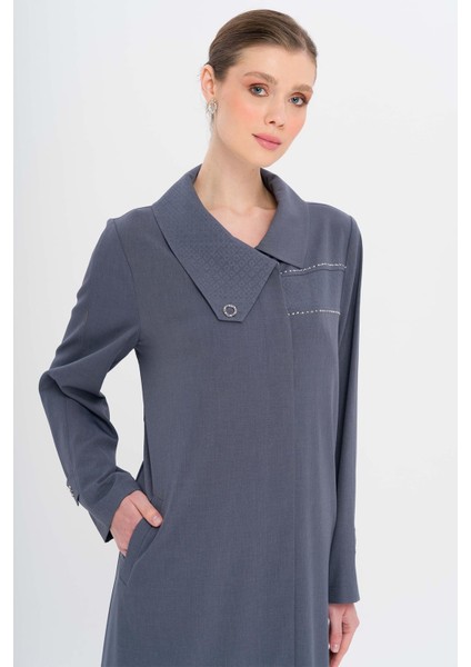 Mendil Yaka Desen ve Taş Detaylı Astarsız Büyük Beden Pardesü Indigo 6714 fırsatları