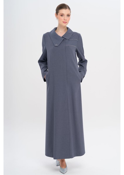 Mendil Yaka Desen ve Taş Detaylı Astarsız Büyük Beden Pardesü Indigo 6714 indirimleri