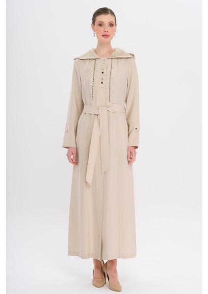 Kapüşonlu File ve Kordon Detaylı Astrasız Modal Pardesü Taş 6739