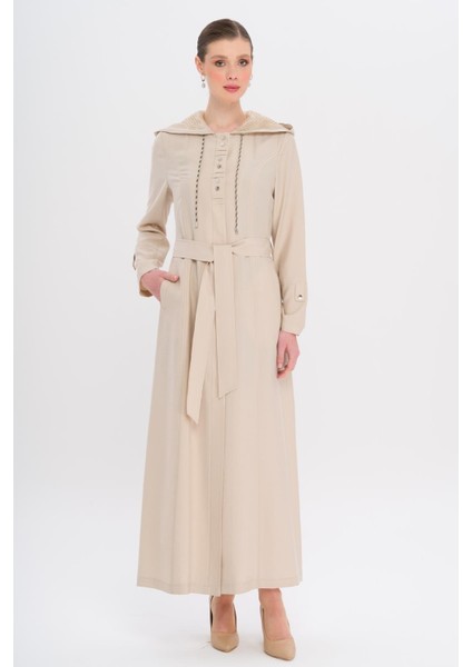 Kapüşonlu File ve Kordon Detaylı Astrasız Modal Pardesü Taş 6739 modelleri