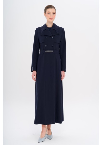 Mendil Yaka Taş ve Boncuk Detaylı Astarlı Pardesü Lacivert 6753