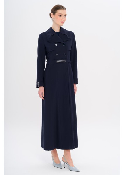 Mendil Yaka Taş ve Boncuk Detaylı Astarlı Pardesü Lacivert 6753 fiyatları