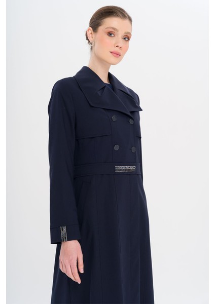 Mendil Yaka Taş ve Boncuk Detaylı Astarlı Pardesü Lacivert 6753 modelleri