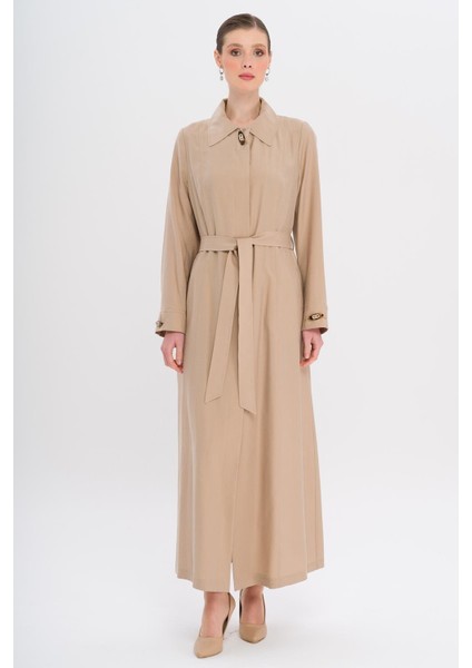 Gömlek Yaka Aksesuar Detaylı Astarsız Modal Büyük Beden Pardesü Bej 6745